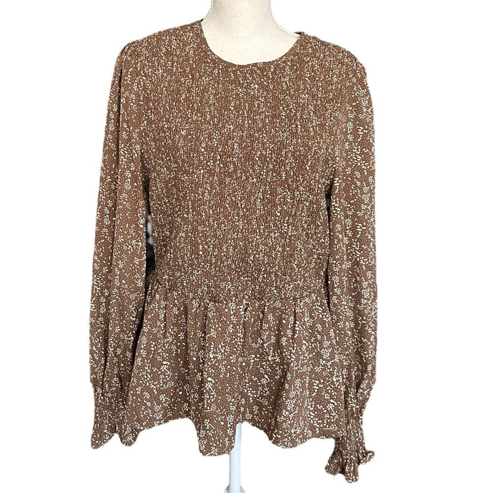 XL Blouse Boho Chic Smocked Puff Sleeve Babydoll Ruffle Hem Floral Empire Waist